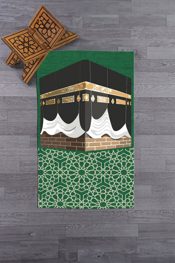 Dijital Baskılı Yıkanabilir Kabe Motifli Hediyelik Namaz Halısı Seccade 70x130cm, SECCADE-47-YEŞİL - 2