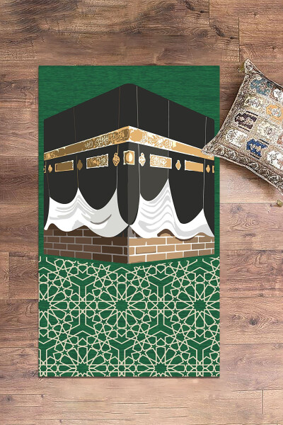 Dijital Baskılı Yıkanabilir Kabe Motifli Hediyelik Namaz Halısı Seccade 70x130cm, SECCADE-47-YEŞİL - 3