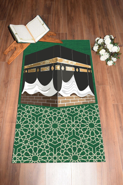 Dijital Baskılı Yıkanabilir Kabe Motifli Hediyelik Namaz Halısı Seccade 70x130cm, SECCADE-47-YEŞİL - 6