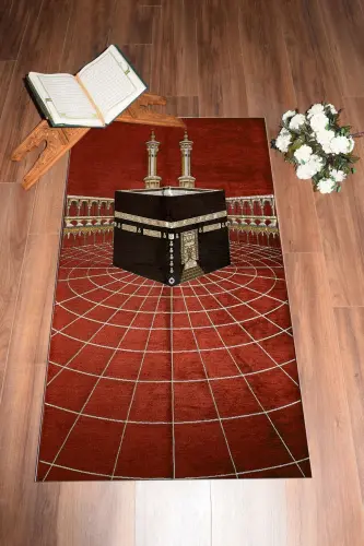 Dijital Baskılı Yıkanabilir Kabe Motifli Şık Namaz Halısı Seccade 70x130-KIRMIZI - 8
