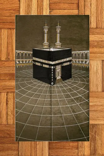 Dijital Baskılı Yıkanabilir Kabe Motifli Şık Tasarım Namaz Halısı Seccade 70x130 - KAHVERENGİ - 1