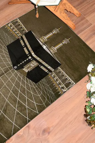 Dijital Baskılı Yıkanabilir Kabe Motifli Şık Tasarım Namaz Halısı Seccade 70x130 - KAHVERENGİ - 15
