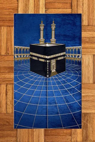Dijital Baskılı Yıkanabilir Kabe Motifli Şık Tasarım Namaz Halısı Seccade 70x130-MAVİ - 1