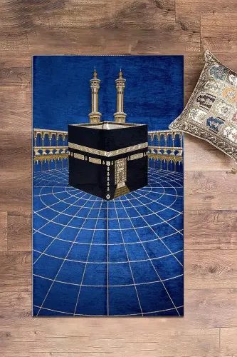 Dijital Baskılı Yıkanabilir Kabe Motifli Şık Tasarım Namaz Halısı Seccade 70x130-MAVİ - 4