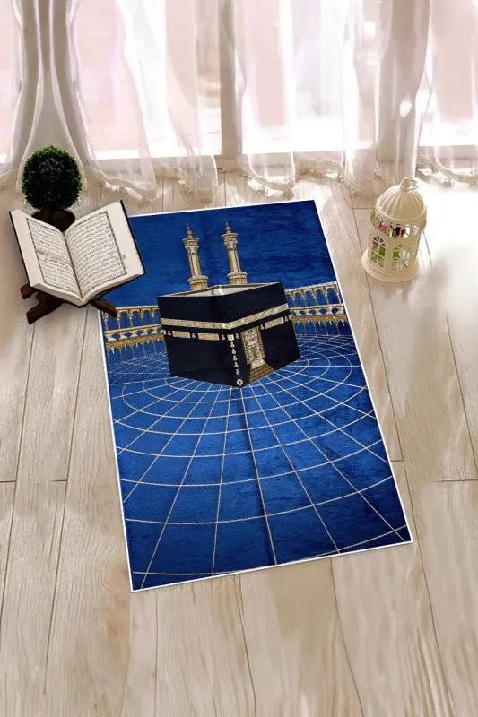 Dijital Baskılı Yıkanabilir Kabe Motifli Şık Tasarım Namaz Halısı Seccade 70x130-MAVİ - 5
