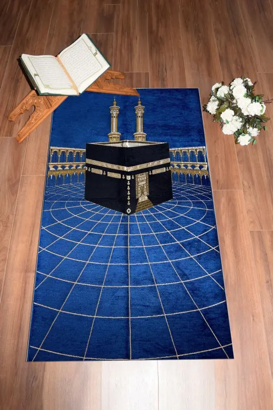 Dijital Baskılı Yıkanabilir Kabe Motifli Şık Tasarım Namaz Halısı Seccade 70x130-MAVİ - 8