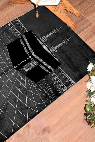 Dijital Baskılı Yıkanabilir Kabe Motifli Şık Tasarım Namaz Halısı Seccade 70x130-SİYAH - 7