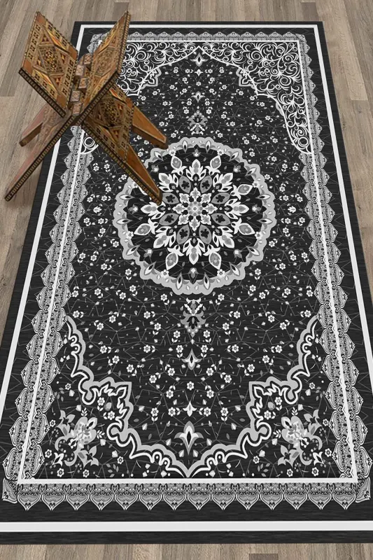 Dijital Baskılı Yıkanabilir Klasik Desen Hediyelik Namazlık Seccade 70x130 - GRİ - 8
