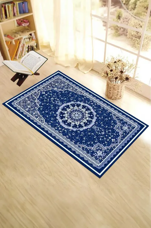 Dijital Baskılı Yıkanabilir Klasik Desen Hediyelik Namazlık Seccade 70x130 - MAVİ - 9