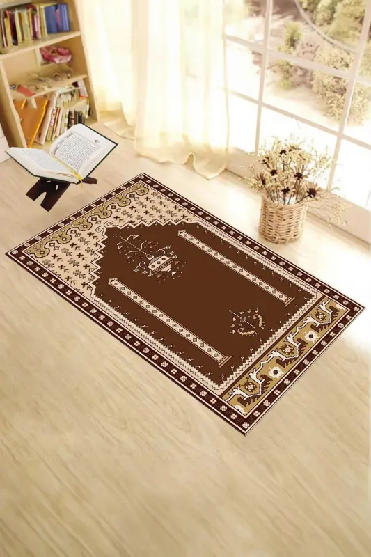 Dijital Baskılı Yıkanabilir Klasik Motifli Namazlık Seccade 70x130 - KAHVERENGİ - 6