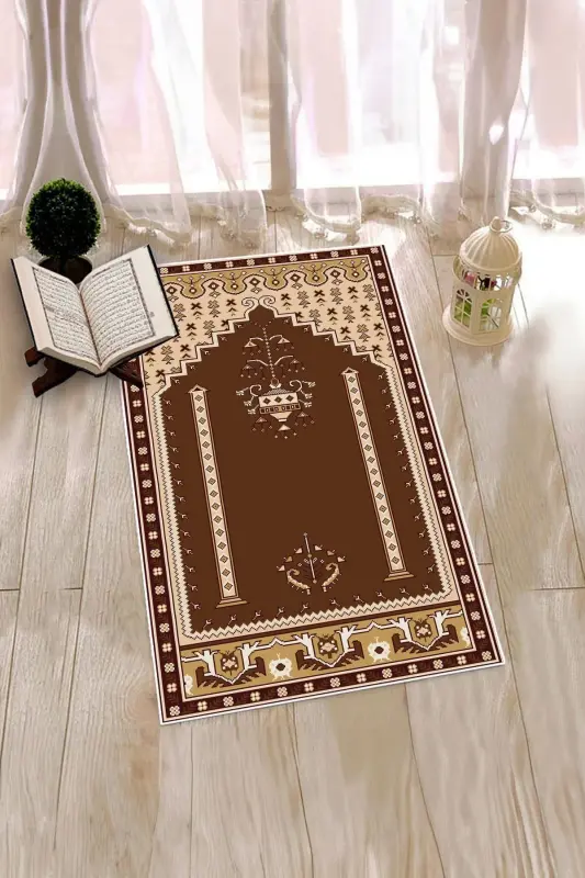 Dijital Baskılı Yıkanabilir Klasik Motifli Namazlık Seccade 70x130 - KAHVERENGİ - 9