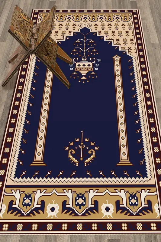 Dijital Baskılı Yıkanabilir Klasik Motifli Namazlık Seccade 70x130 - LACİVERT - 5