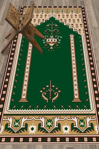 Dijital Baskılı Yıkanabilir Klasik Motifli Namazlık Seccade 70x130 - YEŞİL 
