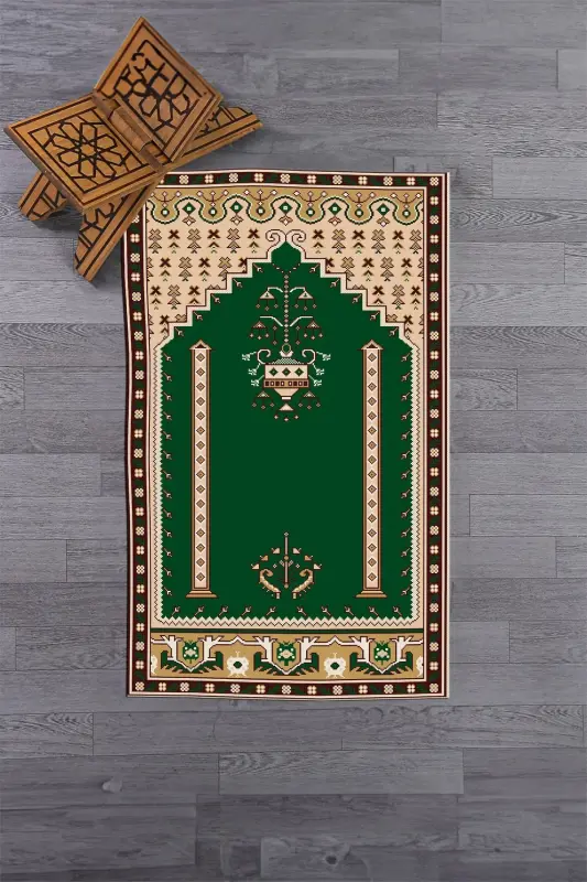 Dijital Baskılı Yıkanabilir Klasik Motifli Namazlık Seccade 70x130 - YEŞİL - 5