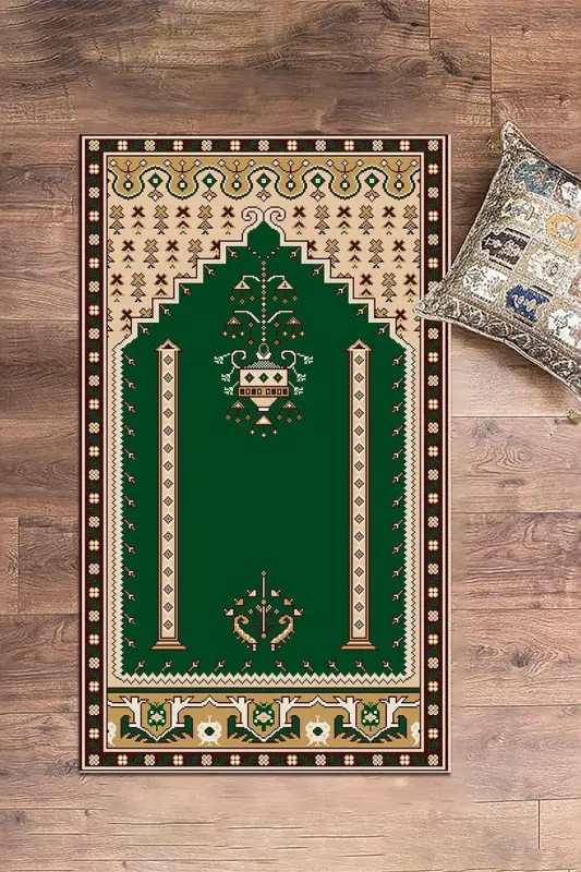 Dijital Baskılı Yıkanabilir Klasik Motifli Namazlık Seccade 70x130 - YEŞİL - 6