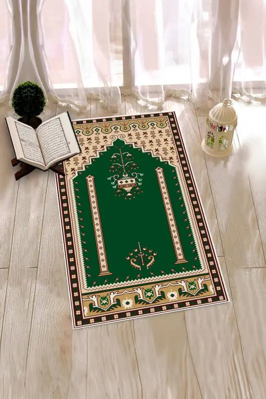 Dijital Baskılı Yıkanabilir Klasik Motifli Namazlık Seccade 70x130 - YEŞİL - 7