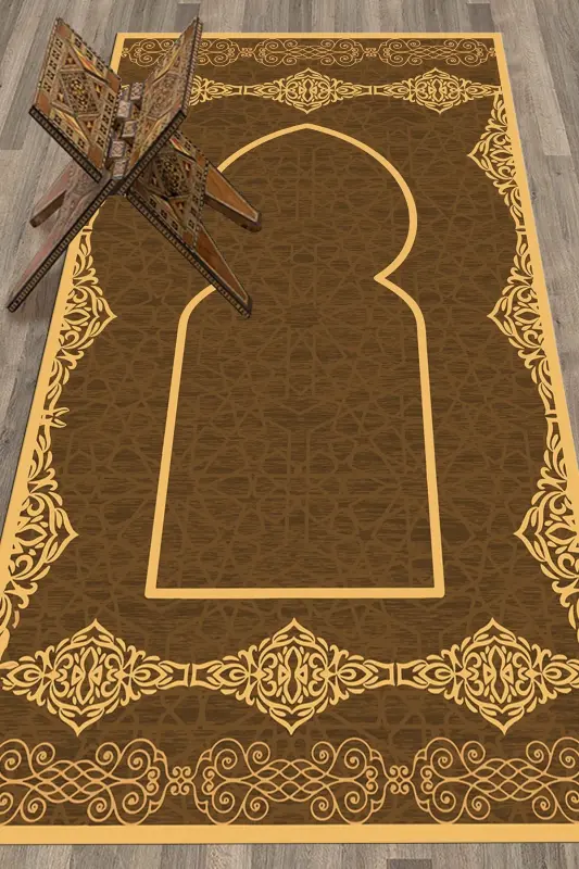 Dijital Baskılı Yıkanabilir Şık Motifli Namazlık Seccade 70x130 Cm - KAHVERENGİ - 3
