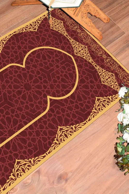 Dijital Baskılı Yıkanabilir Şık Motifli Namazlık Seccade 70x130 Cm - KIRMIZI - 4