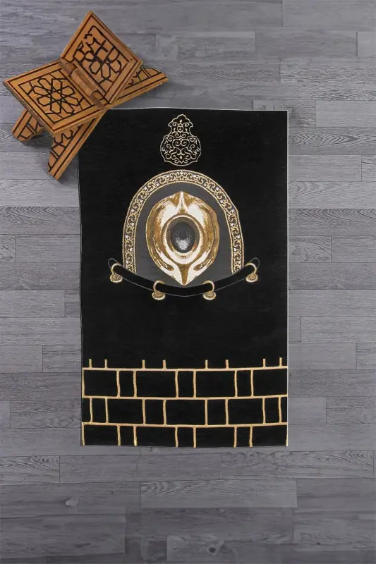 Dijital Baskılı Yıkanabilir Şık Tasarım Namaz Halısı Seccade 70x130cm - SİYAH - 3