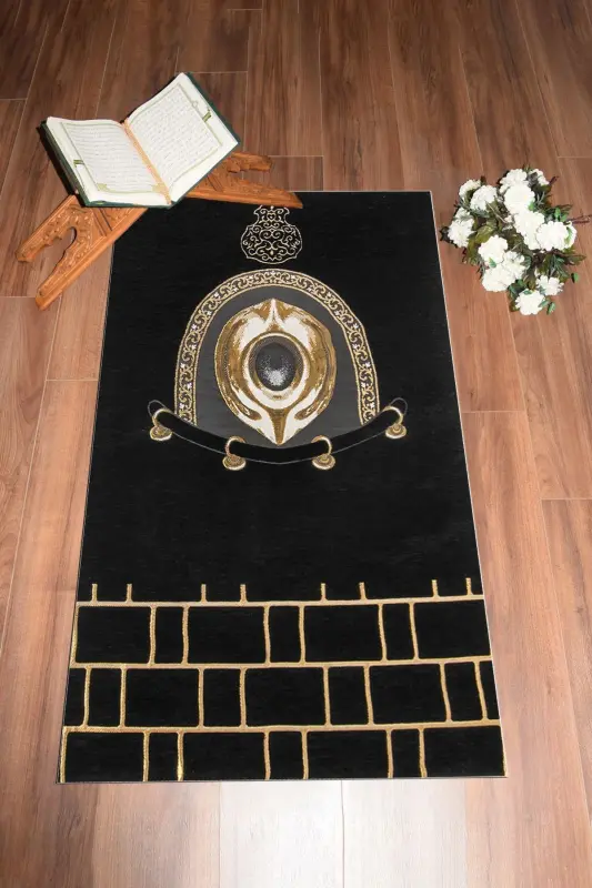 Dijital Baskılı Yıkanabilir Şık Tasarım Namaz Halısı Seccade 70x130cm - SİYAH - 8
