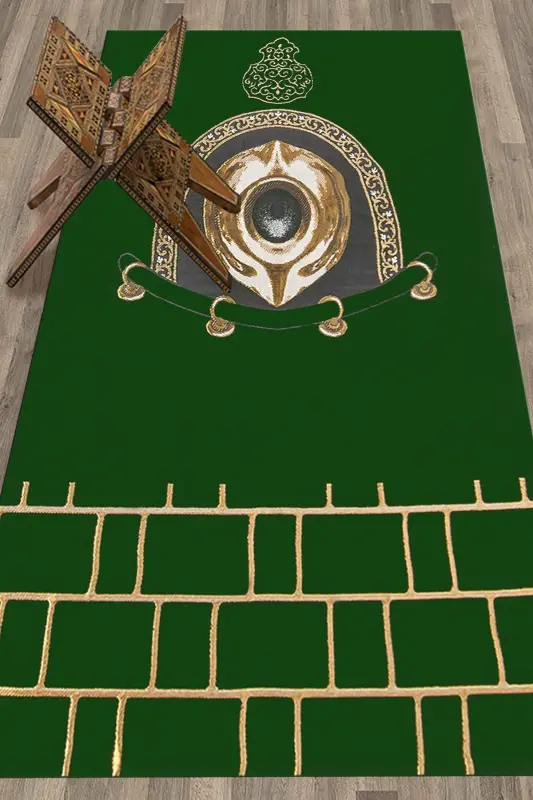 Dijital Baskılı Yıkanabilir Şık Tasarım Namaz Halısı Seccade 70x130cm - YEŞİL - 3