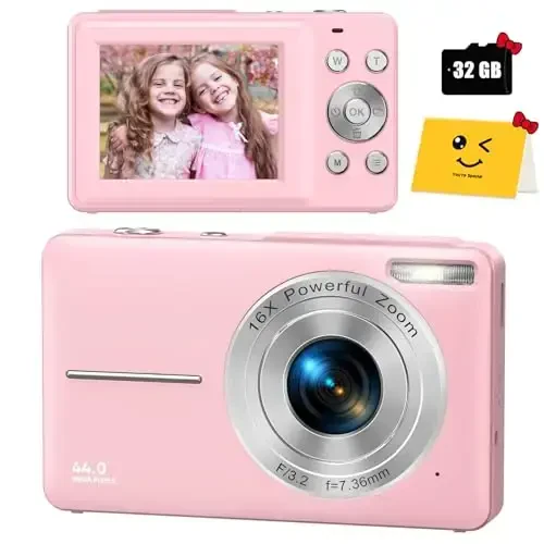 Digital Camera, FHD 1080P Digital Camera for Kids with 32GB SD Card Compact Point and Shoot Camera 16X Zoom Anti Shake Portable Cameras Small Camera for Teens Boys Girls Seniors with Best Wishes Card - 1