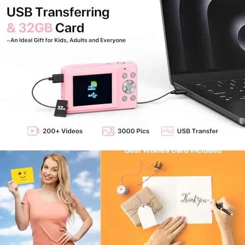 Digital Camera, FHD 1080P Digital Camera for Kids with 32GB SD Card Compact Point and Shoot Camera 16X Zoom Anti Shake Portable Cameras Small Camera for Teens Boys Girls Seniors with Best Wishes Card - 3