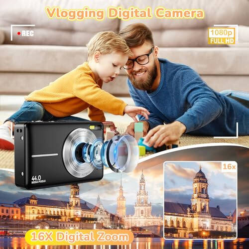 Dijital Kamera, 2024 Yükseltilmiş 1080P 44MP Dijital Kameralar Çocuklar İçin, 16 Kat Zoomlu Dijital Odakla Çekim Kamera, 32GB SD Kart, Zaman Damgası, Erkek Kız Gençler İçin Küçük Kompakt Seyahat Kamerası, Siyah - 2