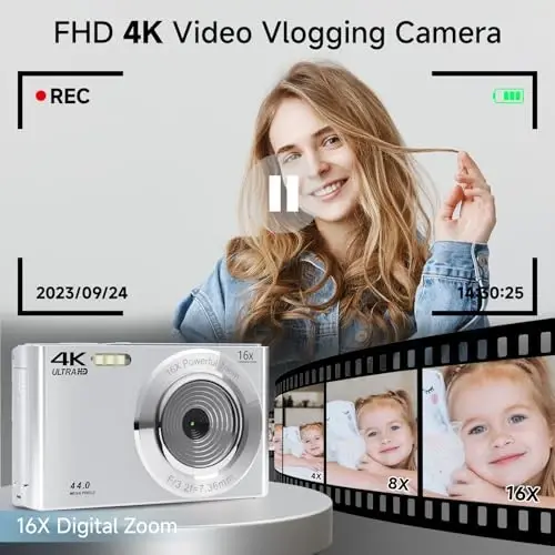 Digital Camera, 2025 4K 44MP Autofocus Digital Cameras for Teens, Silver Point and Shoot Camera for Kids with 16X Zoom, 64GB SD Card, Compact Small for Boys Girls Teens Kids Gift - SMARTKLIK (1)