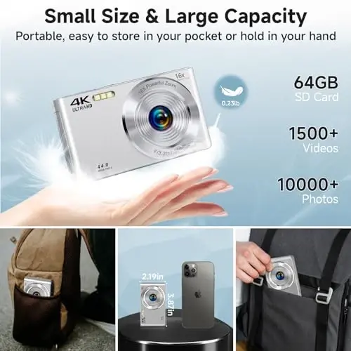Digital Camera, 2025 4K 44MP Autofocus Digital Cameras for Teens, Silver Point and Shoot Camera for Kids with 16X Zoom, 64GB SD Card, Compact Small for Boys Girls Teens Kids Gift - 5