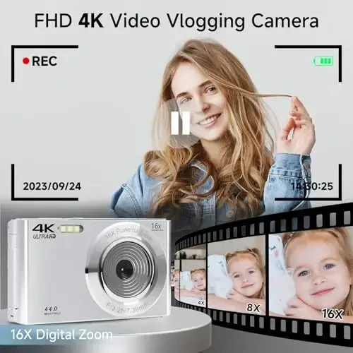 Digital Camera, 2025 4K 44MP Autofocus Digital Cameras for Teens, Silver Point and Shoot Camera for Kids with 16X Zoom, 64GB SD Card, Compact Small for Boys Girls Teens Kids Gift - SMARTKLIK (1)