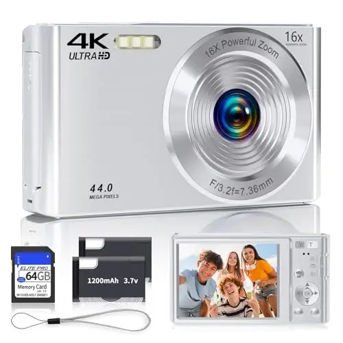 Digital Camera, 2026 4K Autofocus Digital Cameras for Teens, Silver Point and Shoot Camera for Kids with 16X Zoom, 64GB SD Card, Compact Small for Boys Girls Teens Kids Gift - SMARTKLIK