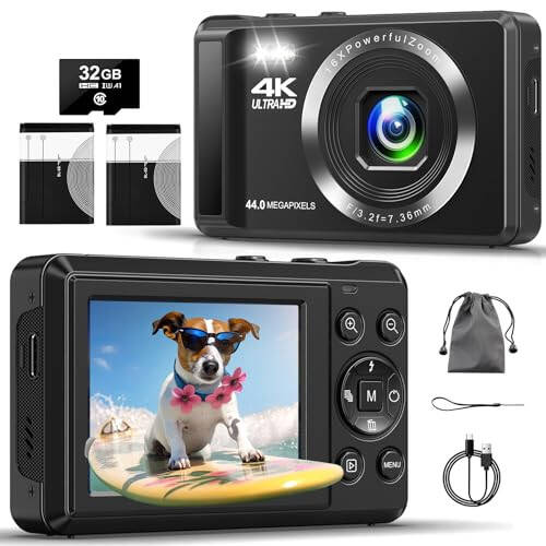 Dijital Kamera - 4K 44MP UHD Dijital Kameralar Fotoğrafçılık İçin - Otomatik Odaklama Nokta ve Çek Vlogging Kamerası 16 Kat Zoom, 32GB SD Kart, 2 Pil - Çocuklar Ergenler Erkekler Kızlar İçin Kompakt Küçük Kamera - 1