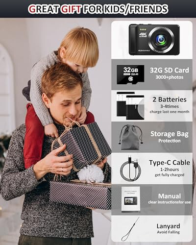 Dijital Kamera - 4K 44MP UHD Dijital Kameralar Fotoğrafçılık İçin - Otomatik Odaklama Nokta ve Çek Vlogging Kamerası 16 Kat Zoom, 32GB SD Kart, 2 Pil - Çocuklar Ergenler Erkekler Kızlar İçin Kompakt Küçük Kamera - 6