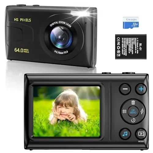 Digital Camera, 4K 64MP Digital Point and Shoot Camera with 18X Zoom Compact Vlogging Camera for Teens, Adults Boys Girls Kids Anti Shake, Auto Focus, 32GB Card - GWAEPU (1)