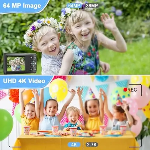 Digital Camera, 4K 64MP Digital Point and Shoot Camera with 18X Zoom Compact Vlogging Camera for Teens, Adults Boys Girls Kids Anti Shake, Auto Focus, 32GB Card - 3