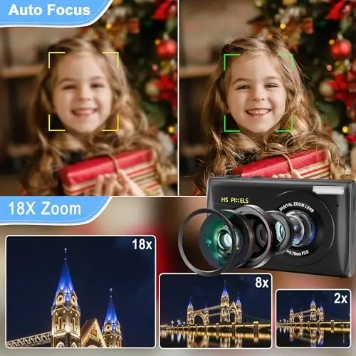 Digital Camera, 4K 64MP Digital Point and Shoot Camera with 18X Zoom Compact Vlogging Camera for Teens, Adults Boys Girls Kids Anti Shake, Auto Focus, 32GB Card - 4