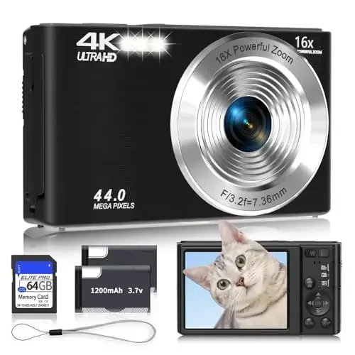 Digital Camera 4K, Upgrade Black Cameras for Teens, Autofocus Digital Point and Shoot Camera for Kids with 16X Zoom, 64GB SD Card, Compact Small Camera for Boys Girls Teens Kids Gift - 1
