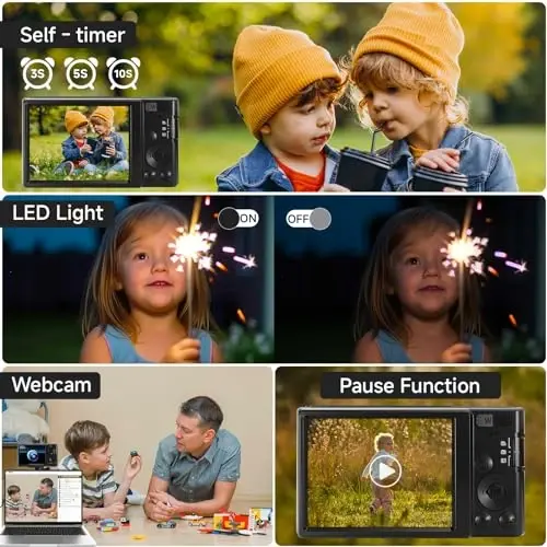 Digital Camera 4K, 2026 Upgrade Black Cameras for Teens, Autofocus Digital Point and Shoot Camera for Kids with 16X Zoom, 64GB SD Card, Compact Small Camera for Boys Girls Teens Kids Gift - 3