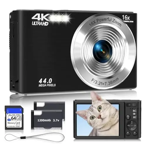 Digital Camera 4K, Upgrade Black Cameras for Teens, Autofocus Digital Point and Shoot Camera for Kids with 16X Zoom, 64GB SD Card, Compact Small Camera for Boys Girls Teens Kids Gift 