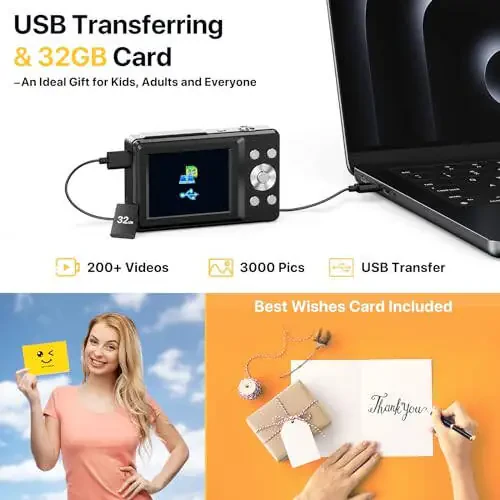 FHD 1080P Digital Camera for Kids with 32GB SD Card - Compact Point and Shoot Camera with 16X Zoom, Anti Shake, Portable, Perfect for Teens, Boys, Girls, Seniors - Best Wishes Card - 3
