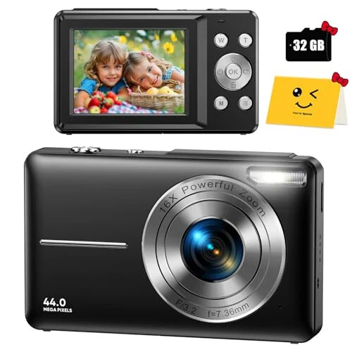 FHD 1080P Digital Camera for Kids with 32GB SD Card - Compact Point and Shoot Camera with 16X Zoom, Anti Shake, Portable, Perfect for Teens, Boys, Girls, Seniors - Best Wishes Card - VAHOIALD