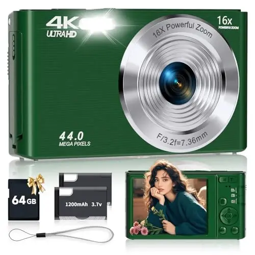 Digital Camera, FHD 4K 44MP Autofocus Compact Digital Cameras for Teens, Green Point and Shoot Camera for Kids with 16X Zoom, 64GB SD Card, Small Digital Camera for Boys Girls Teens Kids Gift 