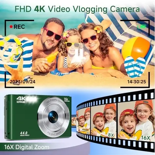Digital Camera, FHD 4K 44MP Autofocus Compact Digital Cameras for Teens, Green Point and Shoot Camera for Kids with 16X Zoom, 64GB SD Card, Small Digital Camera for Boys Girls Teens Kids Gift - 3