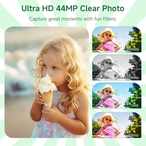 Digital Camera, FHD 4K 44MP Autofocus Compact Digital Cameras for Teens, Green Point and Shoot Camera for Kids with 16X Zoom, 64GB SD Card, Small Digital Camera for Boys Girls Teens Kids Gift - 4