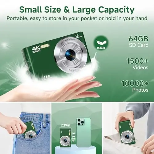 Digital Camera, FHD 4K Autofocus Compact Digital Cameras for Teens, Green Point and Shoot Camera for Kids with 16X Zoom, 64GB SD Card, 2026 Upgraded Small Digital Camera for Boys Girls Teens Kids Gift - 6