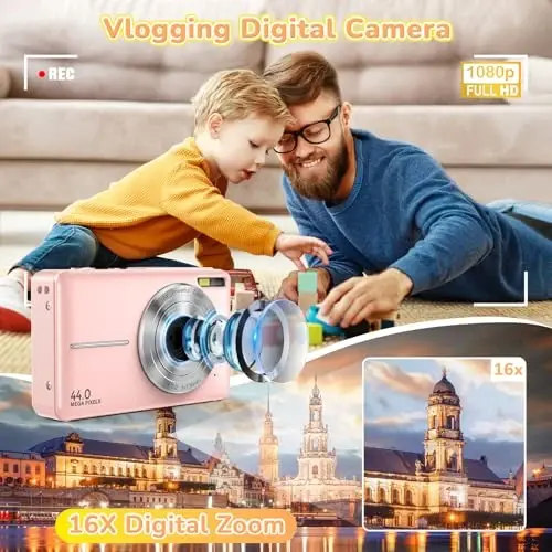 Digital Camera, Jukanur Upgraded FHD 1080P Digital Camera for Kids with 16X Zoom, Flashlight, 32GB Card, 44MP Point and Shoot Camera Compact Small Selfie Camera for Girls, Boys, Teens, Students,Pink - 2
