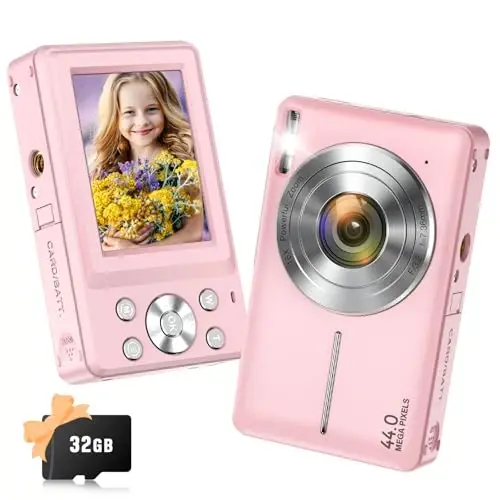 Digital Camera, Jukanur Upgraded FHD 1080P Digital Camera for Kids with 16X Zoom, Flashlight, 32GB Card, 44MP Point and Shoot Camera Compact Small Selfie Camera for Girls, Boys, Teens, Students,Pink - 1