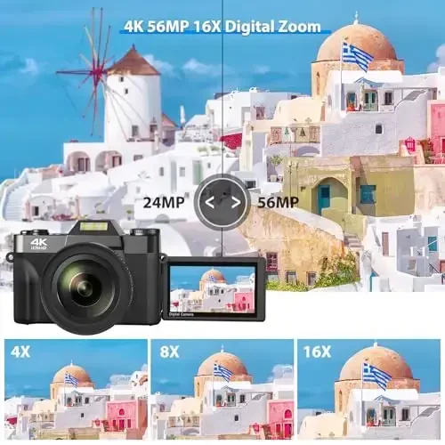 Digital Camera, 4K Vlogging Camera for YouTube 56MP 16X Digital Zoom Manual Focus Students Compact Photography Camera with 52mm Wide-Angle & Macro Lens, 32G TF Card and 2 Batteries(Black) - 2