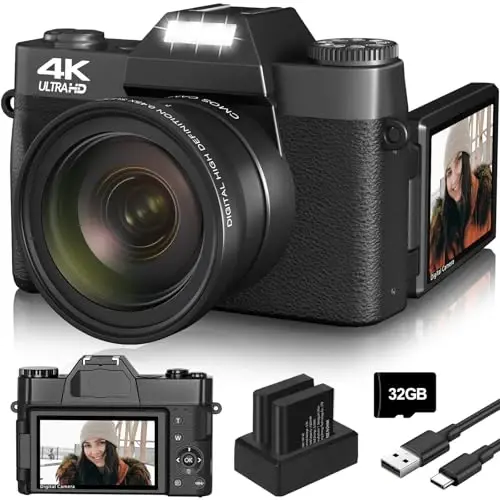 Digital Camera, 4K Vlogging Camera for YouTube 56MP 16X Digital Zoom Manual Focus Students Compact Photography Camera with 52mm Wide-Angle & Macro Lens, 32G TF Card and 2 Batteries(Black) - VETEK